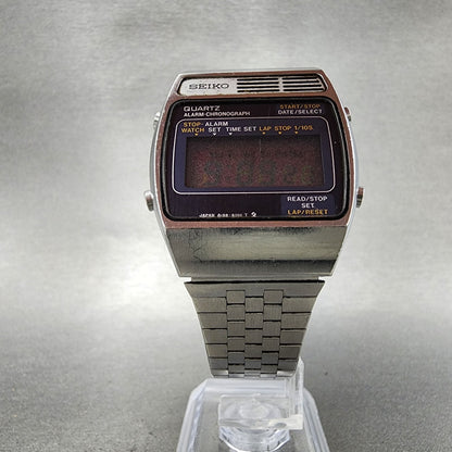 Seiko Digital Watch Men 34mm LCD Silver Tone Alarm Chrono A1594000 READ New Bat5
