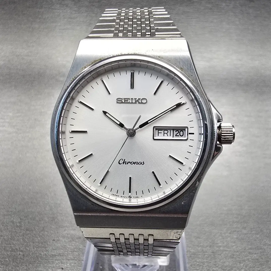 Seiko Chronos Watch Men 34mm Silver Dial Silver Tone Daydate 5H23-7D20 New Batt0