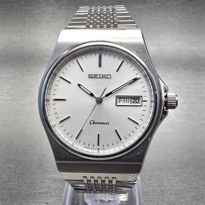 Seiko Chronos Watch Men 34mm Silver Dial Silver Tone Daydate 5H23-7D20 New Batt0
