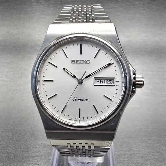 Seiko Chronos Watch Men 34mm Silver Dial Silver Tone Daydate 5H23-7D20 New Batt0