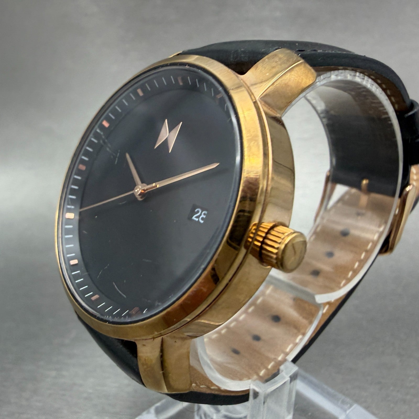 MVMT Boulevard Watch Women 38mm Black Dial Rose Gold Tone Date Leather New BattN2