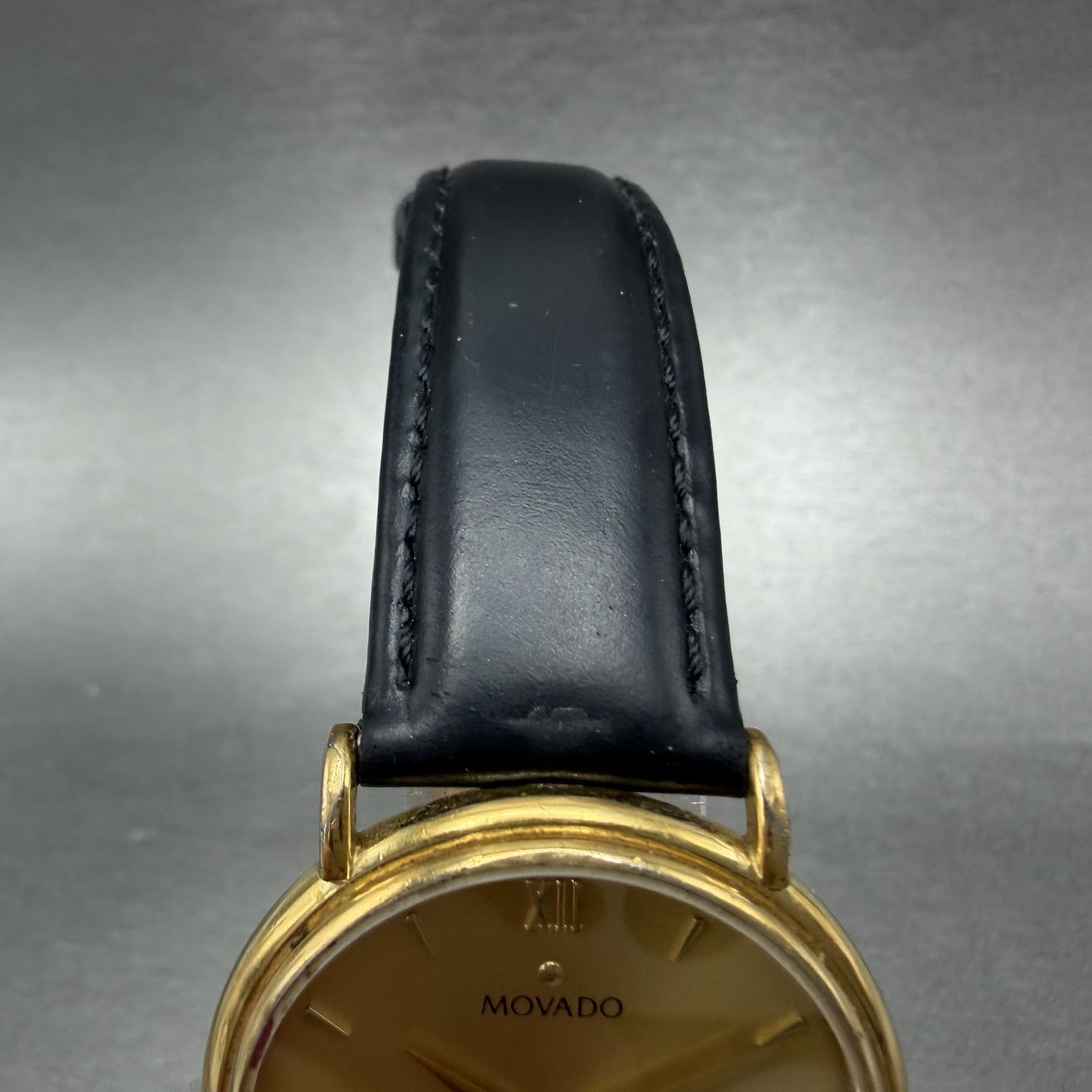 Movado Watch Men 34mm Gold Dial Gold Tone Round 87-E4-0885 Leather New BatteryAB4