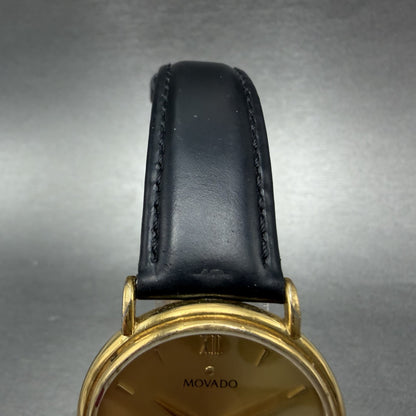 Movado Watch Men 34mm Gold Dial Gold Tone Round 87-E4-0885 Leather New BatteryAB4