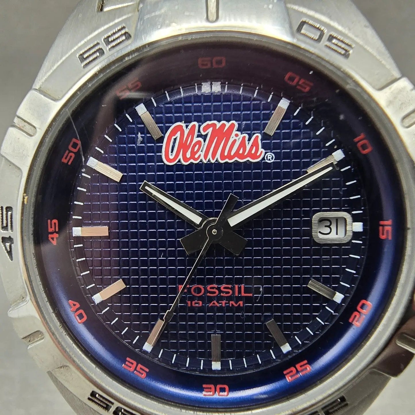 Fossil Ole Miss Dive Watch Men 40mm Blue Dial Silver Tone Date LI-2954 New Batt1