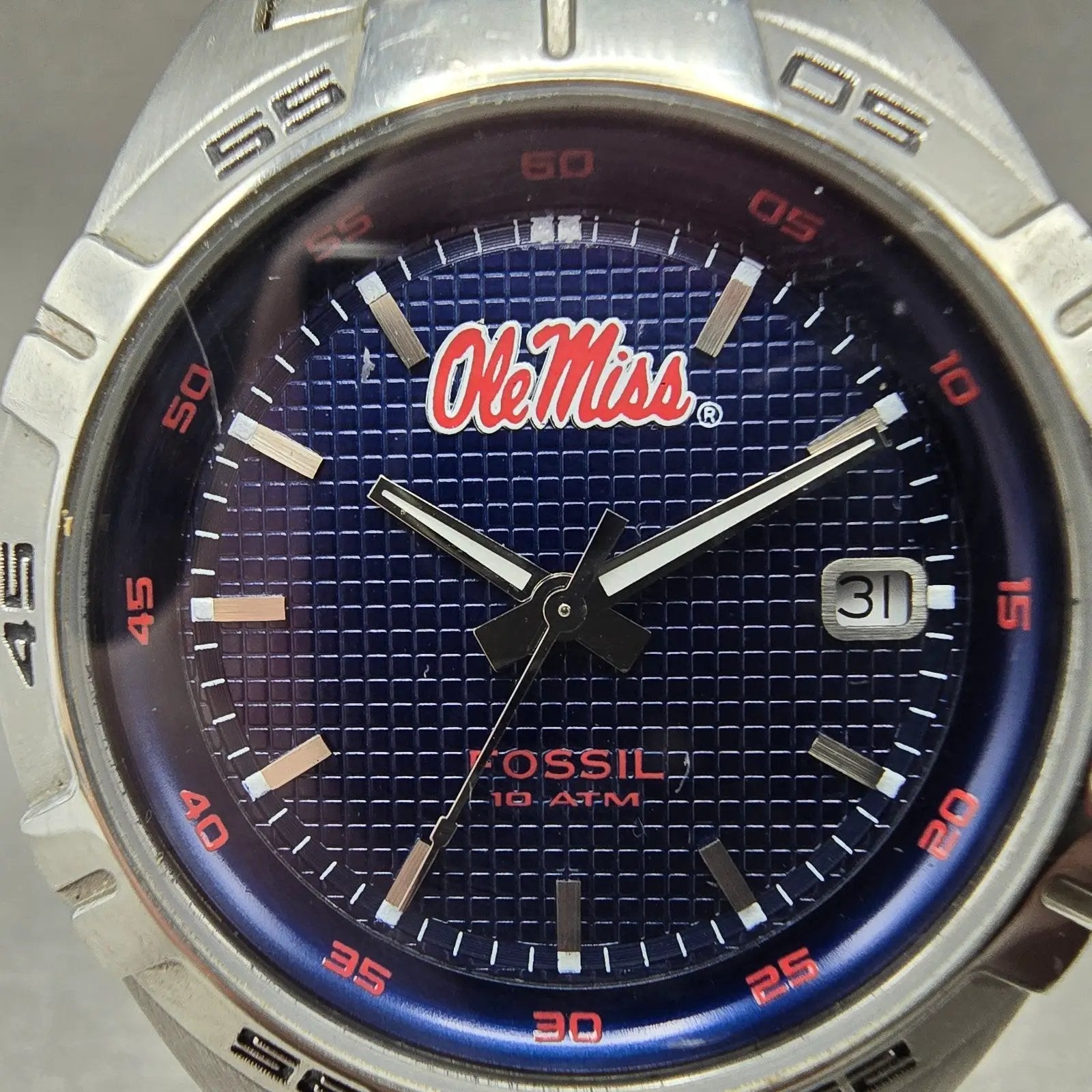 Fossil Ole Miss Dive Watch Men 40mm Blue Dial Silver Tone Date LI-2954 New Batt1