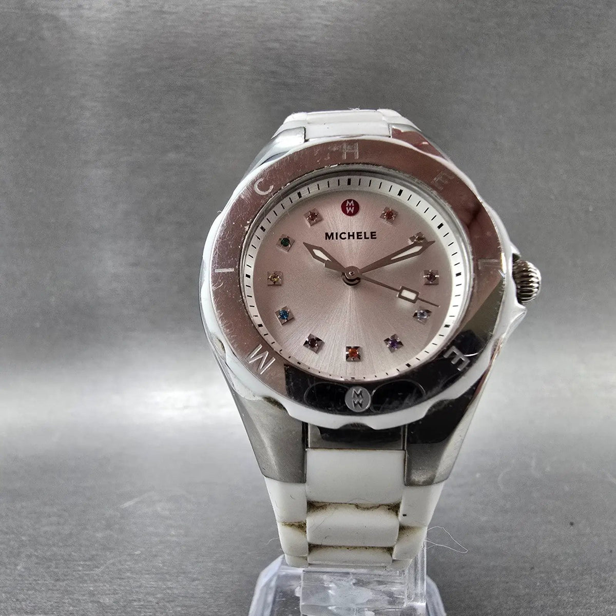 Michele Tahitian Jelly Bean Watch Women 34mm White Dial Steel New Battery5