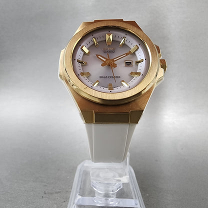 Casio BabyG Watch Women 37mm White Dial Rose Gold Tone Date Solar MSGS500 Runs5