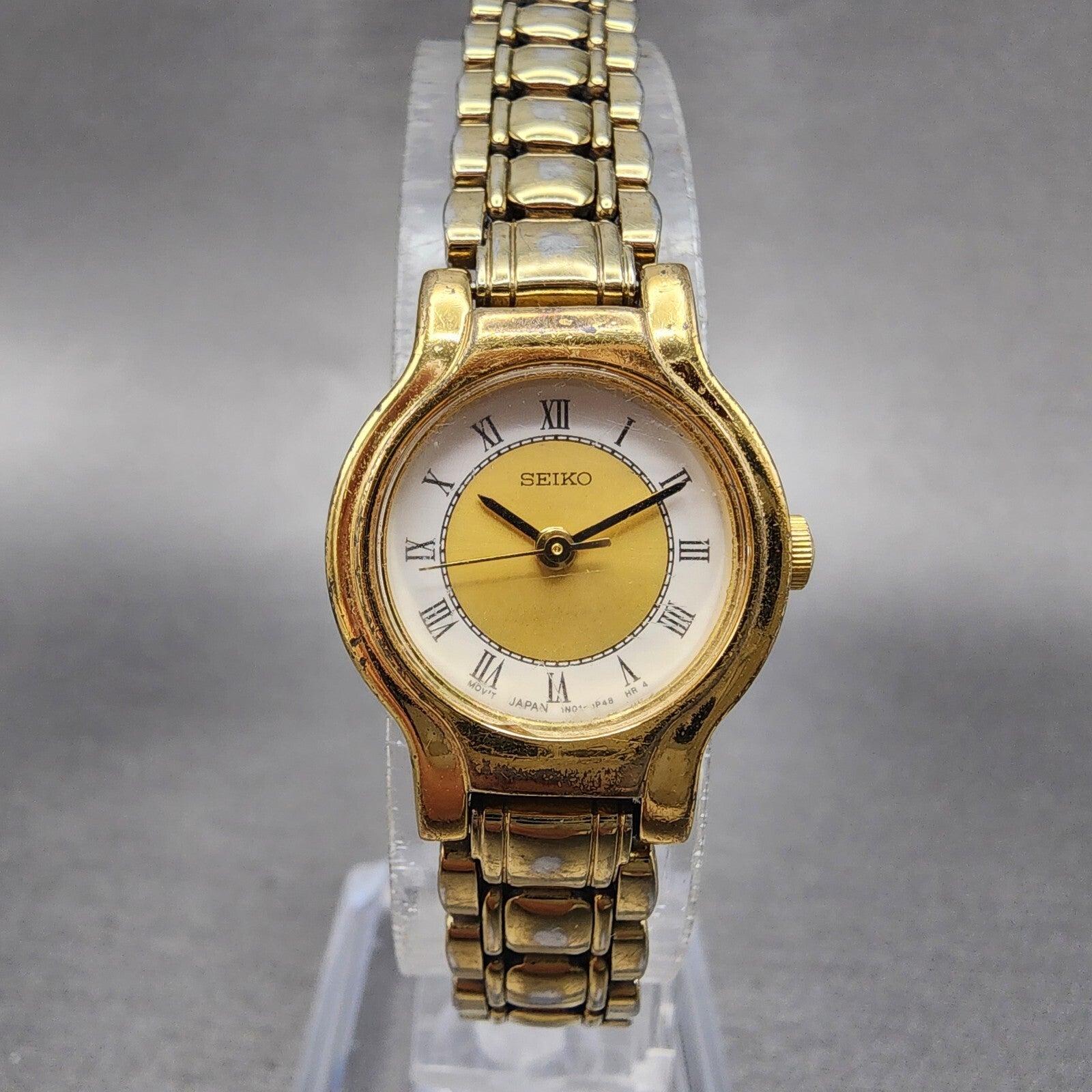 Seiko Watch Women 20mm White & Gold Dial Gold Tone Round 1N01 New Battery0