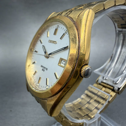 Seiko Sports 50 Watch Men 37mm Silver Dial Gold Tone Date 7N42-8079 New Battery72
