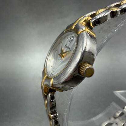 Bulova Watch Women 20mm White Dial Two Tone Round 98P15 New Battery ABC2