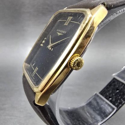 Longines Tank Watch Men 27mm Black Dial Gold Plated Manual Wind Runs VTG2