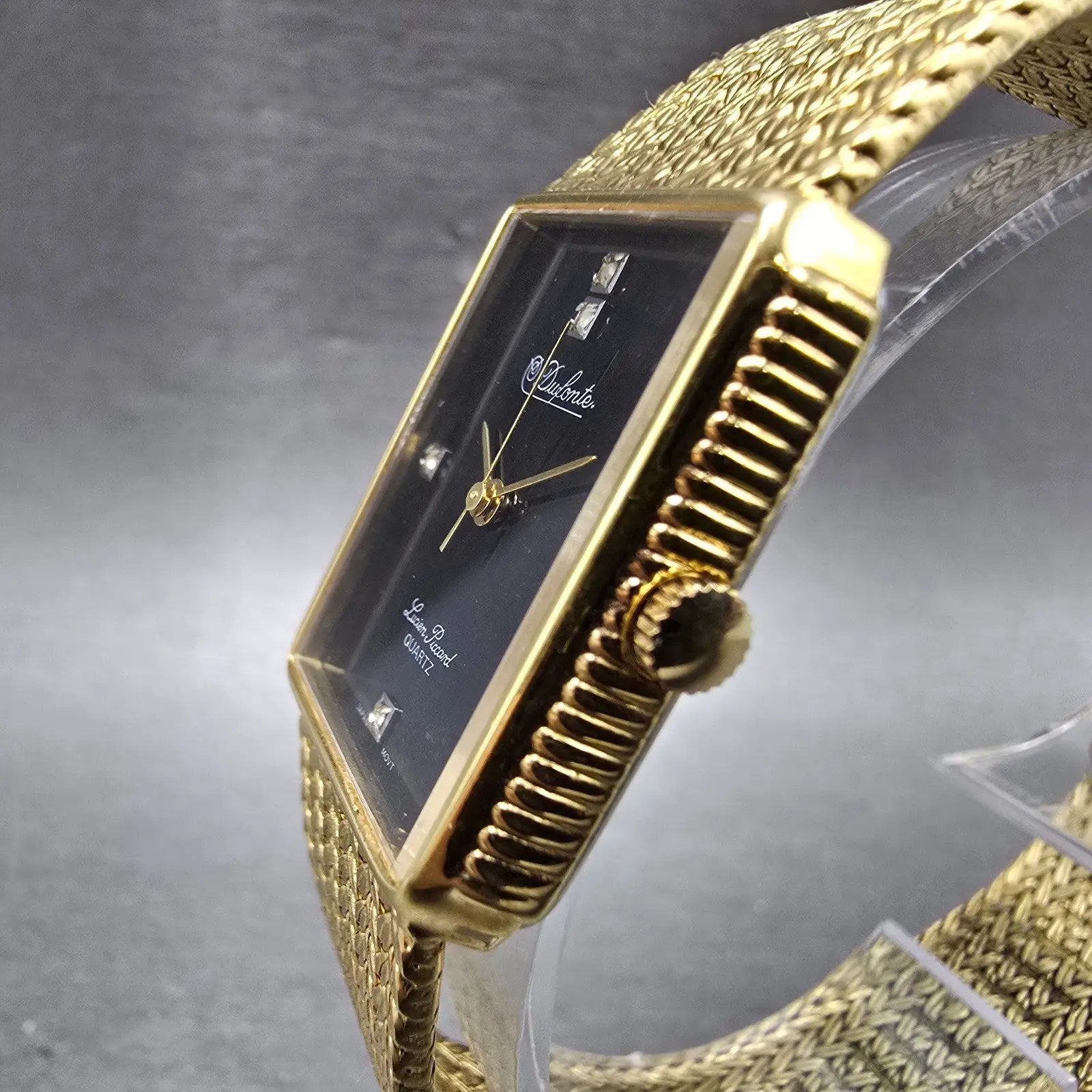 Lucien Piccard Dufonte Watch Men 25mm Black Dial Gold Tone Rectangle New Battery2