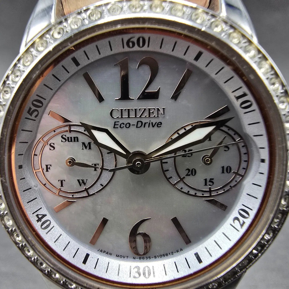 Eco-Drive Silhouette Crystal Watch Women 32mm MOP Dial Steel Daydate Round Works1
