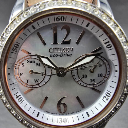 Eco-Drive Silhouette Crystal Watch Women 32mm MOP Dial Steel Daydate Round Works1