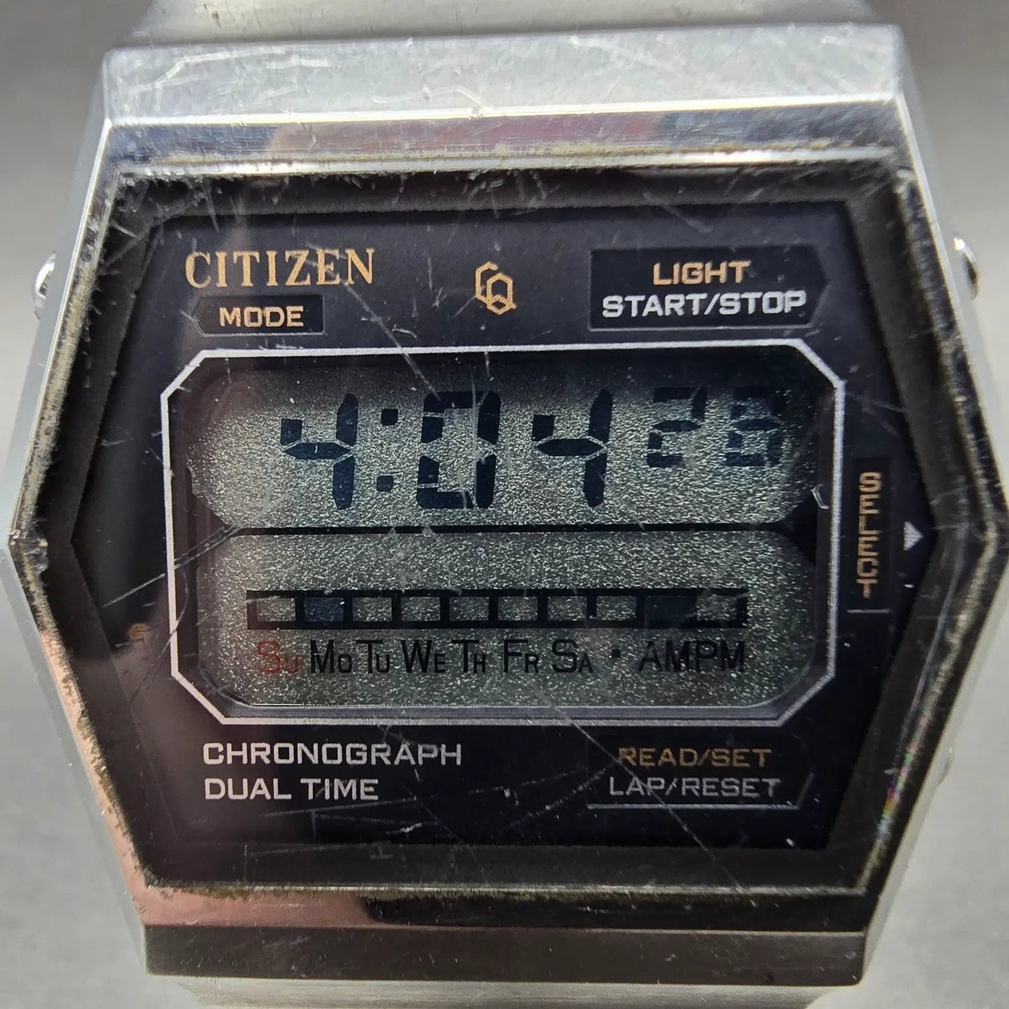 Citizen CQ Watch Men 37mm Silver Digital Chronograph 4-095723 New Battery VTG1