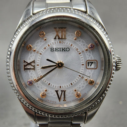 Seiko Solar Watch Women 25mm White Dial Silver Tone Date Round 1B220BZ0 Runs1