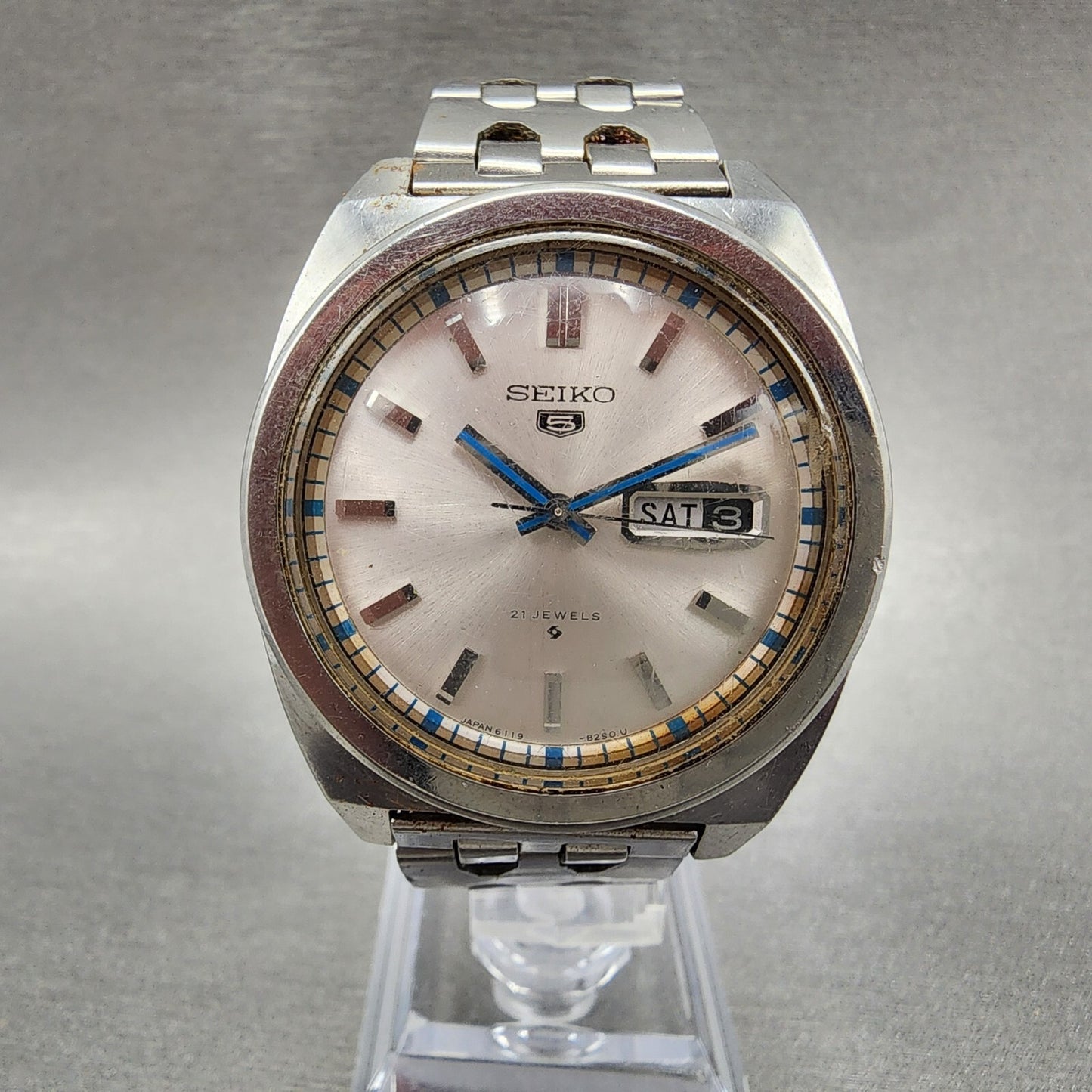 Seiko 5 Watch Men 37mm Silver Dial Steel Daydate Cushion 61198240 VTG PARTS0
