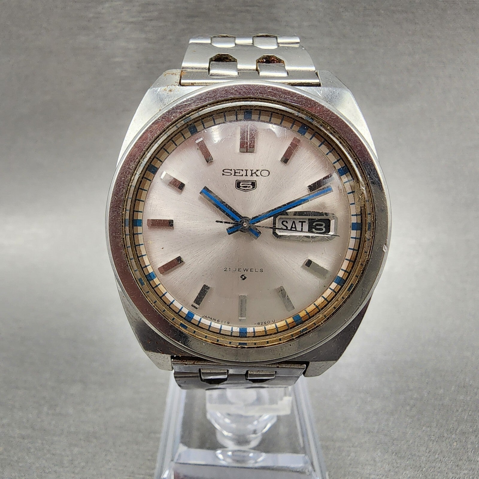 Seiko 5 Watch Men 37mm Silver Dial Steel Daydate Cushion 61198240 VTG PARTS0