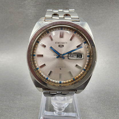 Seiko 5 Watch Men 37mm Silver Dial Steel Daydate Cushion 61198240 VTG PARTS0