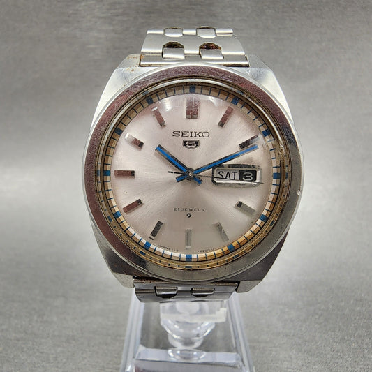 Seiko 5 Watch Men 37mm Silver Dial Steel Daydate Cushion 61198240 VTG PARTS0