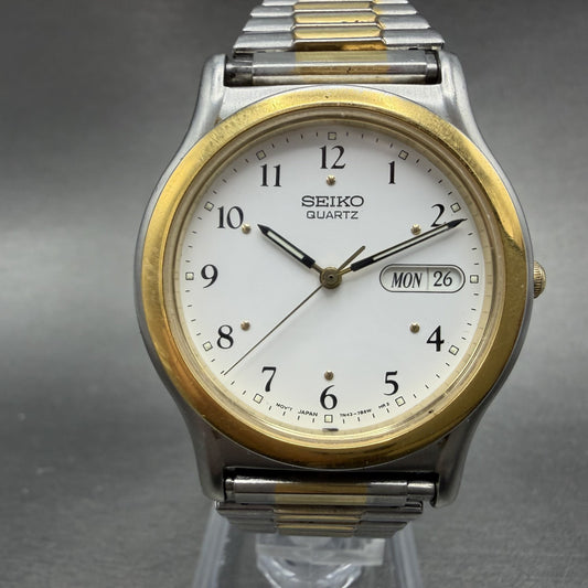Seiko Watch Men 36mm White Dial Two Tone Daydate Round 7n43-7b19 New Battery0