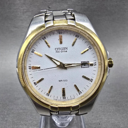 Citizen Eco-Drive Watch Men 38mm White Dial Two Tone Date E111-S049521 Runs NKJN0