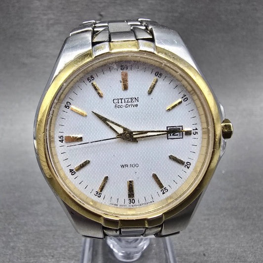 Citizen Eco-Drive Watch Men 38mm White Dial Two Tone Date E111-S049521 Runs NKJN0