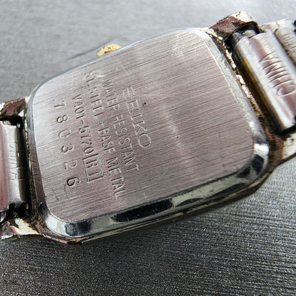 VTG Seiko Tank Watch Women 18mm White Dial Two Tone Rectangle V4015720 New Batt9