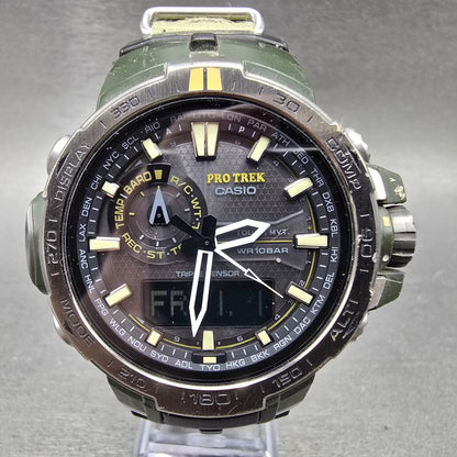 Casio Protrek Watch Men 51mm Gray Dial Green Triple Sensor Solar PRW-6000SG Runs0