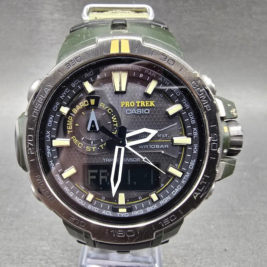 Casio Protrek Watch Men 51mm Gray Dial Green Triple Sensor Solar PRW-6000SG Runs0