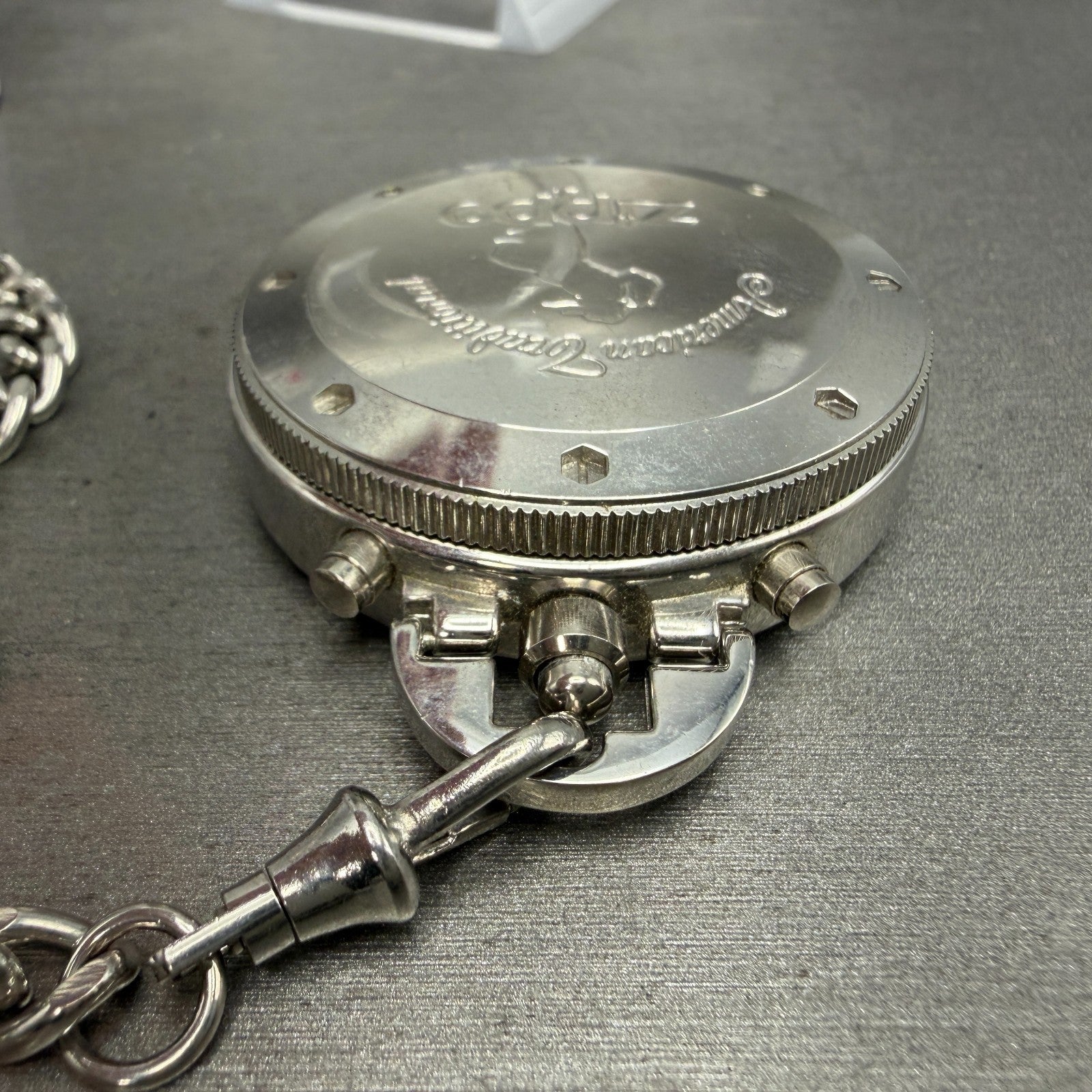 Zippo Pocket Watch Men 49mm Silver Dial Steel Chronograph Round New Battery10