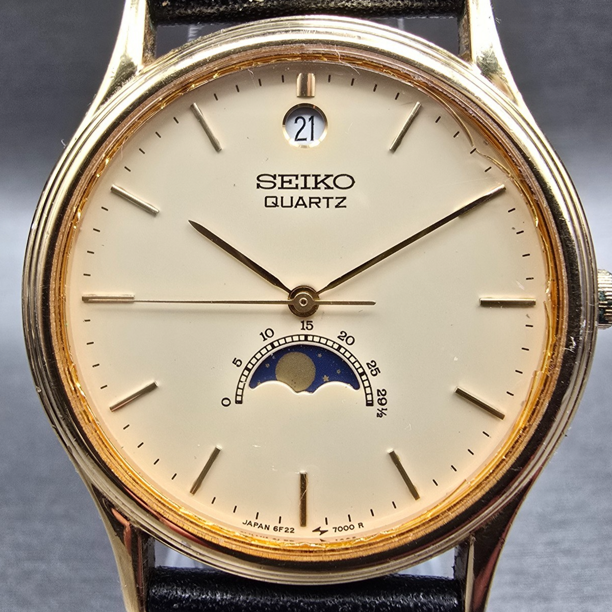 Seiko Moon Phase Watch Men 33mm Cream Dial Gold Tone Date 6F22-7000 New Battery1