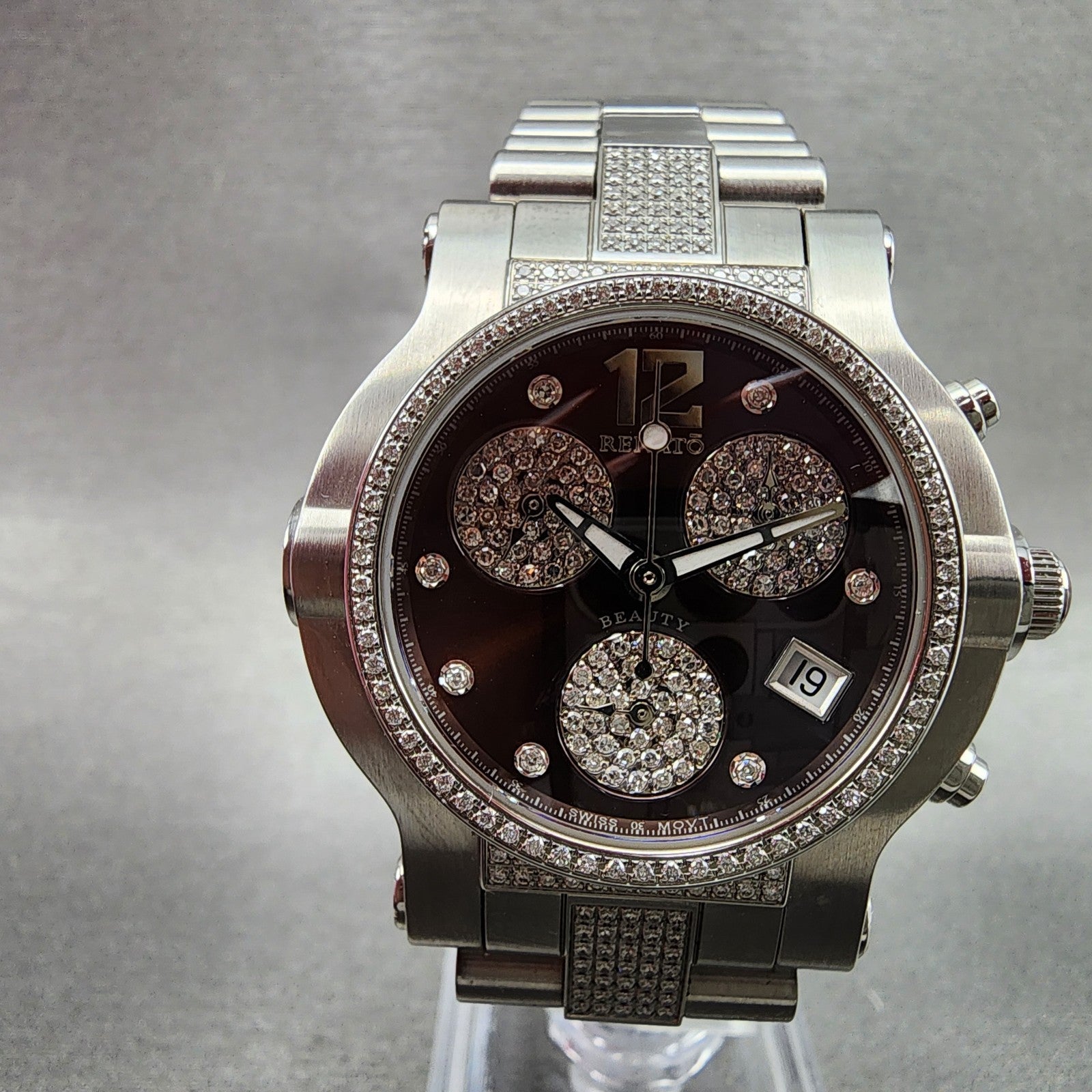 Renato Beauty Chronograph Watch Women 36mm Brown Dial Steel Diamond New Battery2