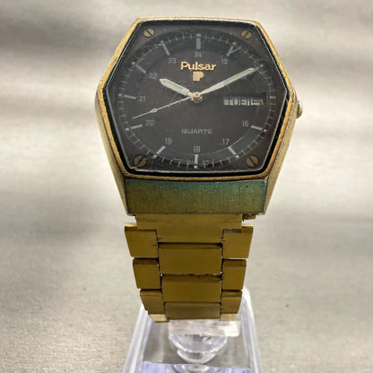 Seiko Pulsar Watch Men 36mm Brown Dial Gold Daydate Hexagon Y563-7029 New Batt5