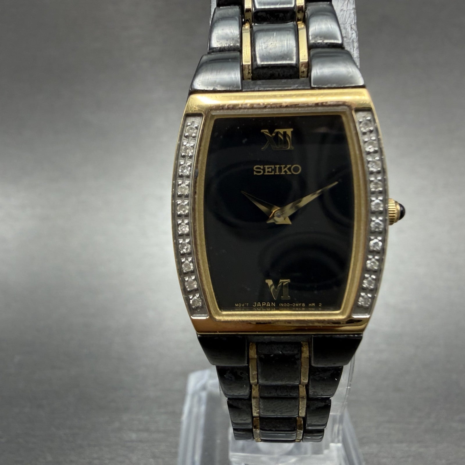 Seiko Tank Watch Women 19mm Black Dial Black & Gold Tone 1N00-0NG0 New Battery1