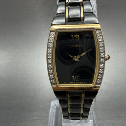 Seiko Tank Watch Women 19mm Black Dial Black & Gold Tone 1N00-0NG0 New Battery1