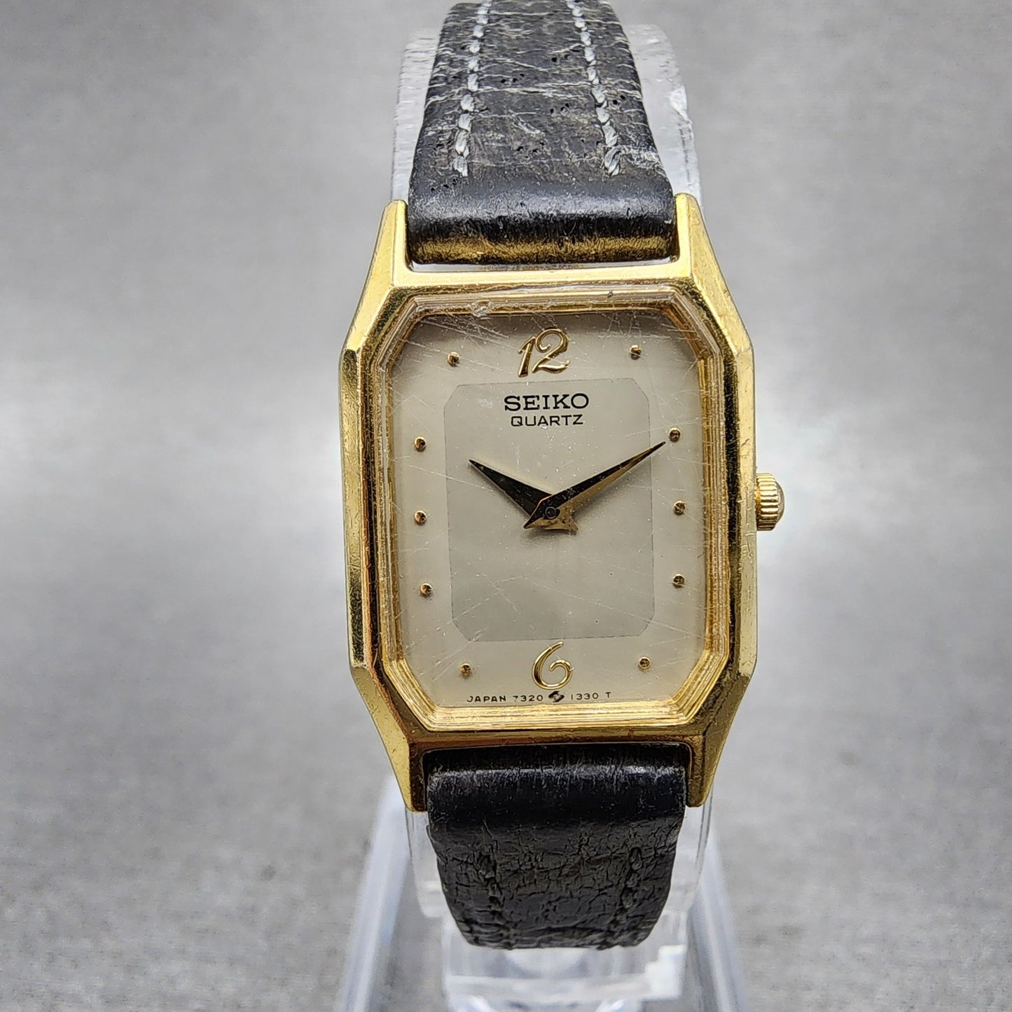 Seiko Tank Watch Women 18mm Gray Dial Gold Tone Rectangle 73206160 New Battery0