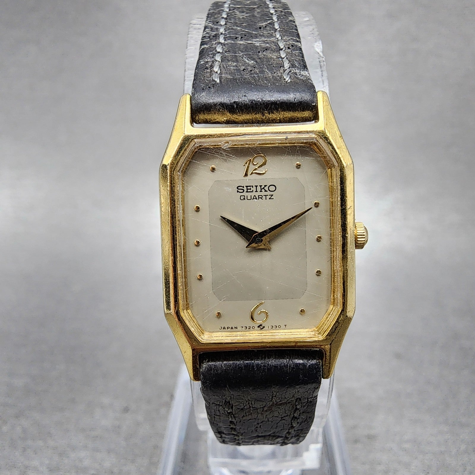 Seiko Tank Watch Women 18mm Gray Dial Gold Tone Rectangle 73206160 New Battery0