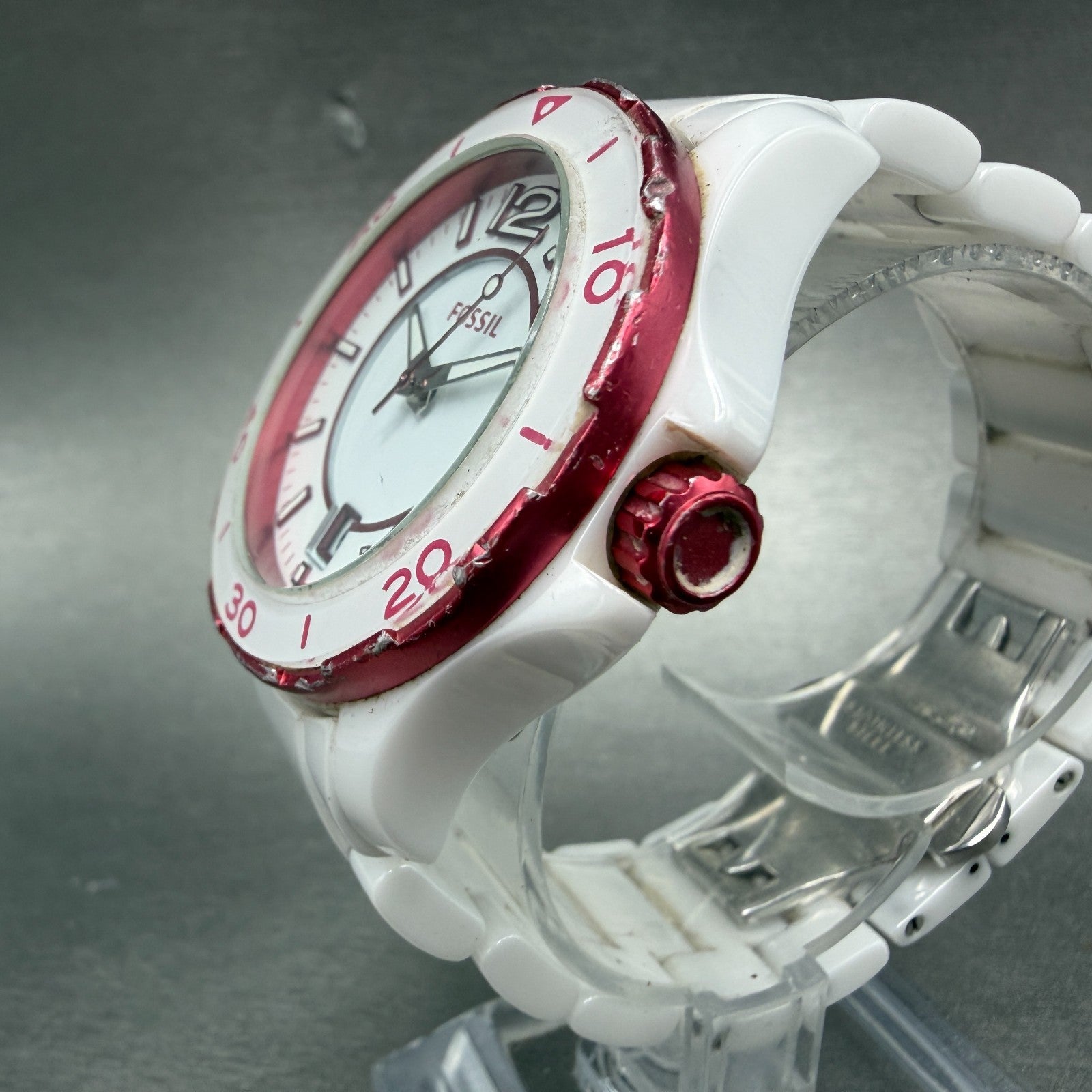 Fossil Watch Women 39mm White Dial White Ceramic Date Round CE-1051 New Battery2