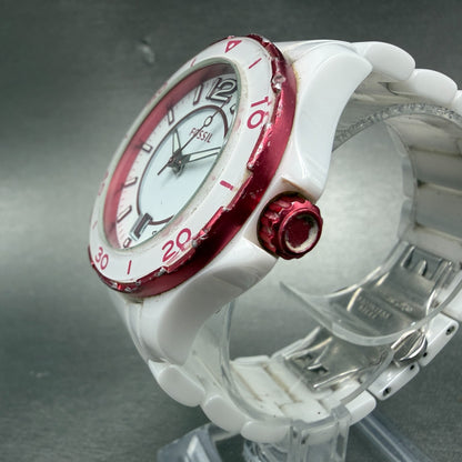 Fossil Watch Women 39mm White Dial White Ceramic Date Round CE-1051 New Battery2