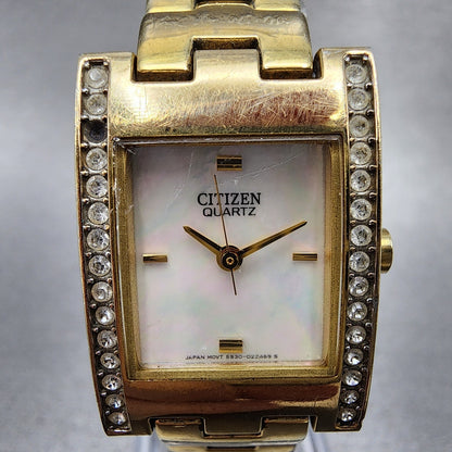 Citizen Tank Watch Women 20mm MOP Dial Gold Tone Rectangle 5930S072051 New Batt1