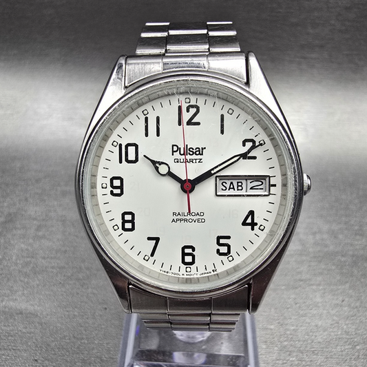 Pulsar Railroad Approved Watch Men 34mm White Dial Daydate Y148-7009 New Battery0