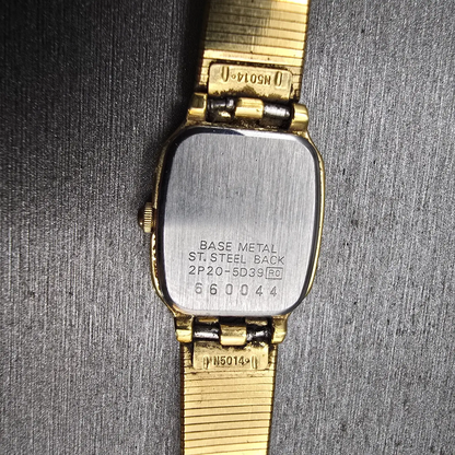 Seiko Watch Women 17mm Silver Dial Gold Tone Rectangle 2P20-5D39 New Battery VTG10