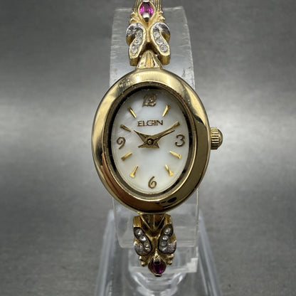 Elgin Watch Women 18mm MOP Dial Gold Tone Oval Ruby Diamond Bezel New Battery AB0
