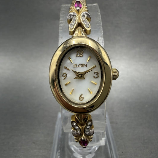 Elgin Watch Women 18mm MOP Dial Gold Tone Oval Ruby Diamond Bezel New Battery AB0