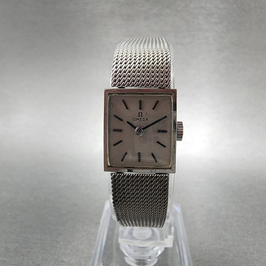 Omega Tank Watch Women 15mm Silver Dial 14K Gold Filled Rectangle Manual Wind0
