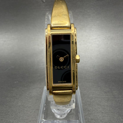 Gucci Tank Watch Women 14mm Black Dial Gold Tone Rectangle 109 New Battery0