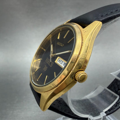 Seiko Watch Men 37mm Black Dial Gold Tone Daydate Round 7N43-9048 New Battery 7H2