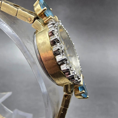 Jules Jurgensen Watch Women 15mm Silver Dial Gold Oval Blue Gems New Battery3