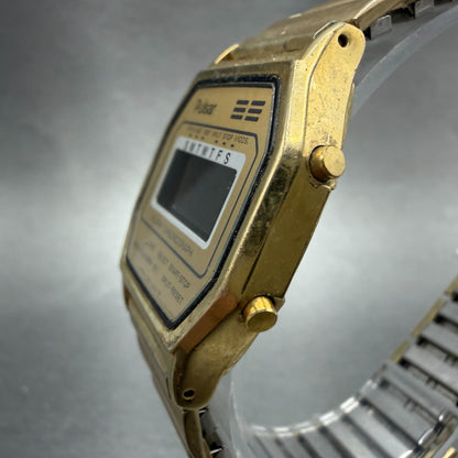 Pulsar Digital Watch Men 30mm LCD Gold Tone Alarm Chrono Daydate READ New Batt2